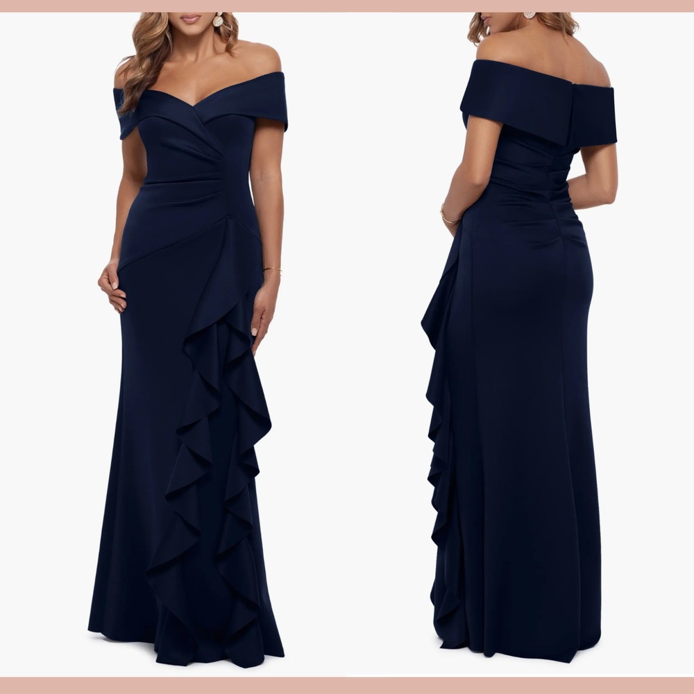 NWT $288 Xscape [ 4‎ ] Off the Shoulder Ruffle Scuba Gown Midnight Blue #S2087